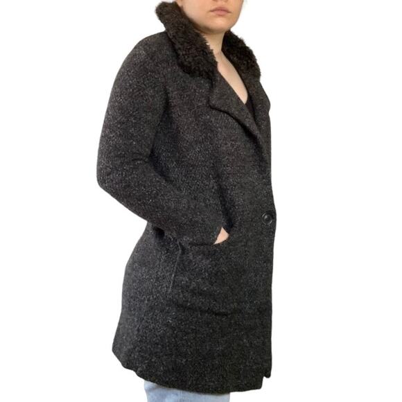 Zara Knit Cardigan Coat Coatigan Heather Gray Faux Fur Collar Midi Classic - Picture 6 of 7